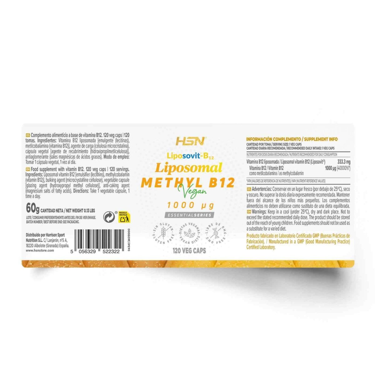 Vitamina B12 1000mcg (Metilcobalamina) Liposomada (Liposovit®) HSN 120 Cápsulas Ultimate Gains HSN