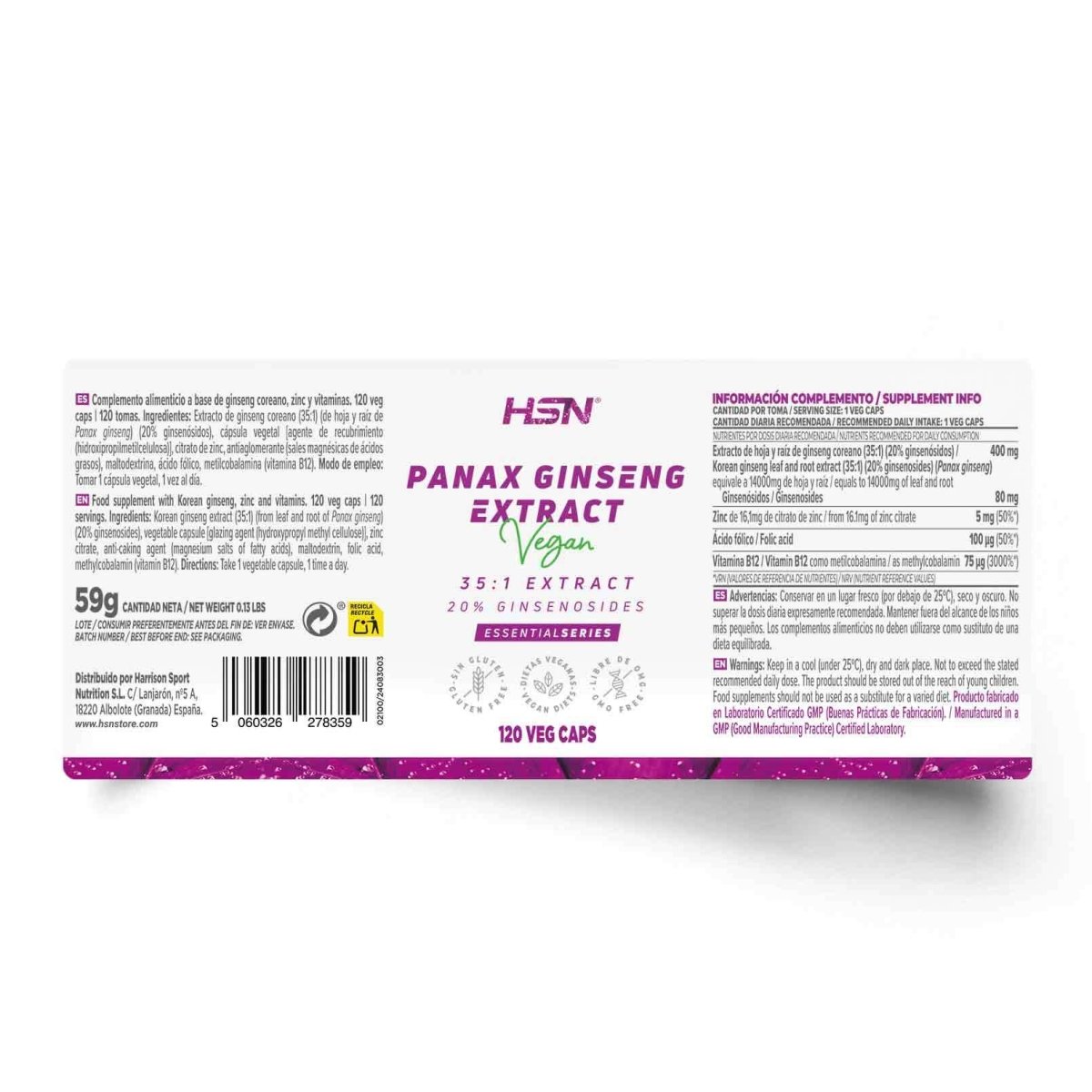 Extracto de Panax Ginseng (35:1) 400mg HSN 120 Cápsulas Ultimate Gains HSN